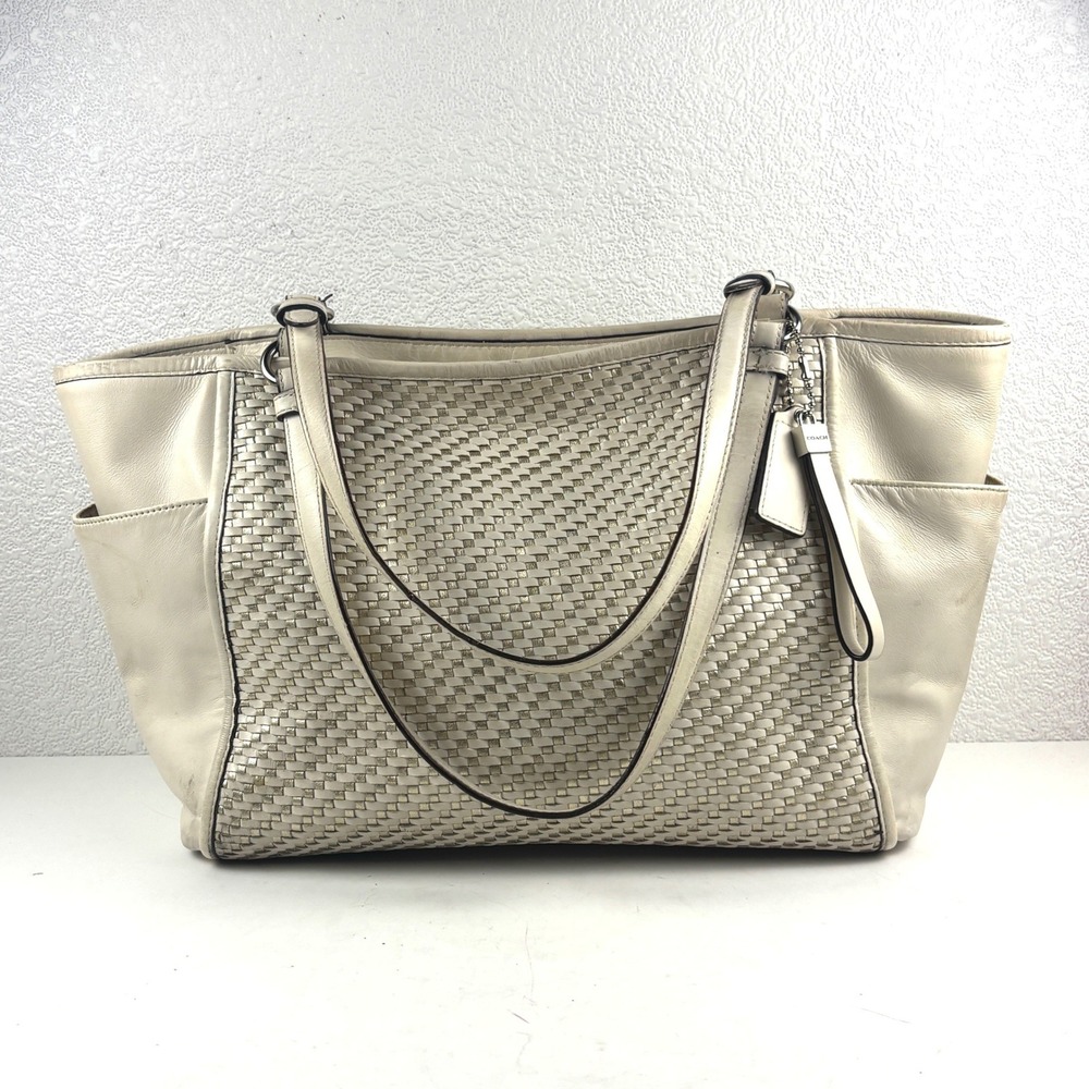 Coach Tote Bag Womens Large Cream Woven Madison‎ Leather F31285 Shoulder Bag